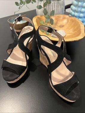Neiman Marcus Black Suede Cork Wedge Sandals sz 6.5